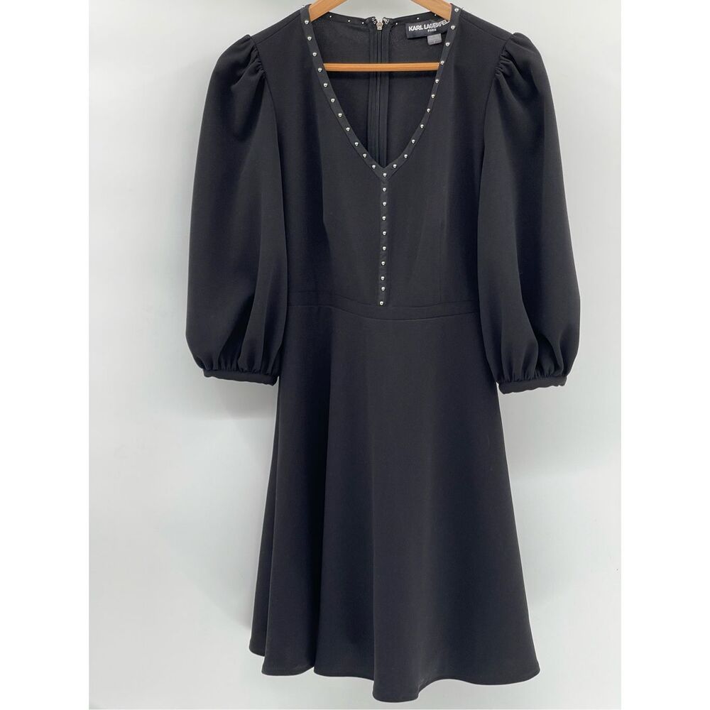 Karl Lagerfeld Dress Women Size 2 Black Balloon 3/4  Sleeve V Neck‎